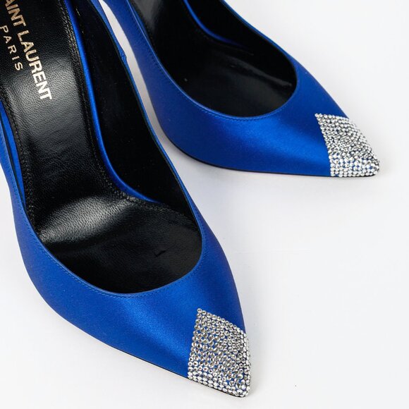 Saint Laurent Tower 110 Bleu Silk Satin Strass-Embellished Pointed-Toe Pumps - Picture 6 of 12